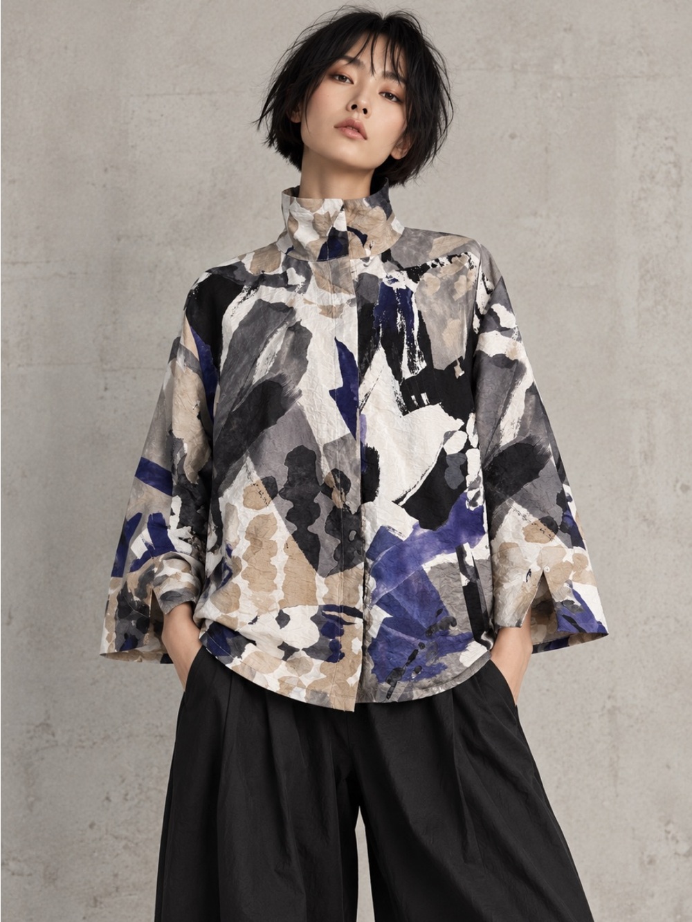 Olivia by Habitat Clothes XL Abstract Art Crinkle High Collar High Low Shirt